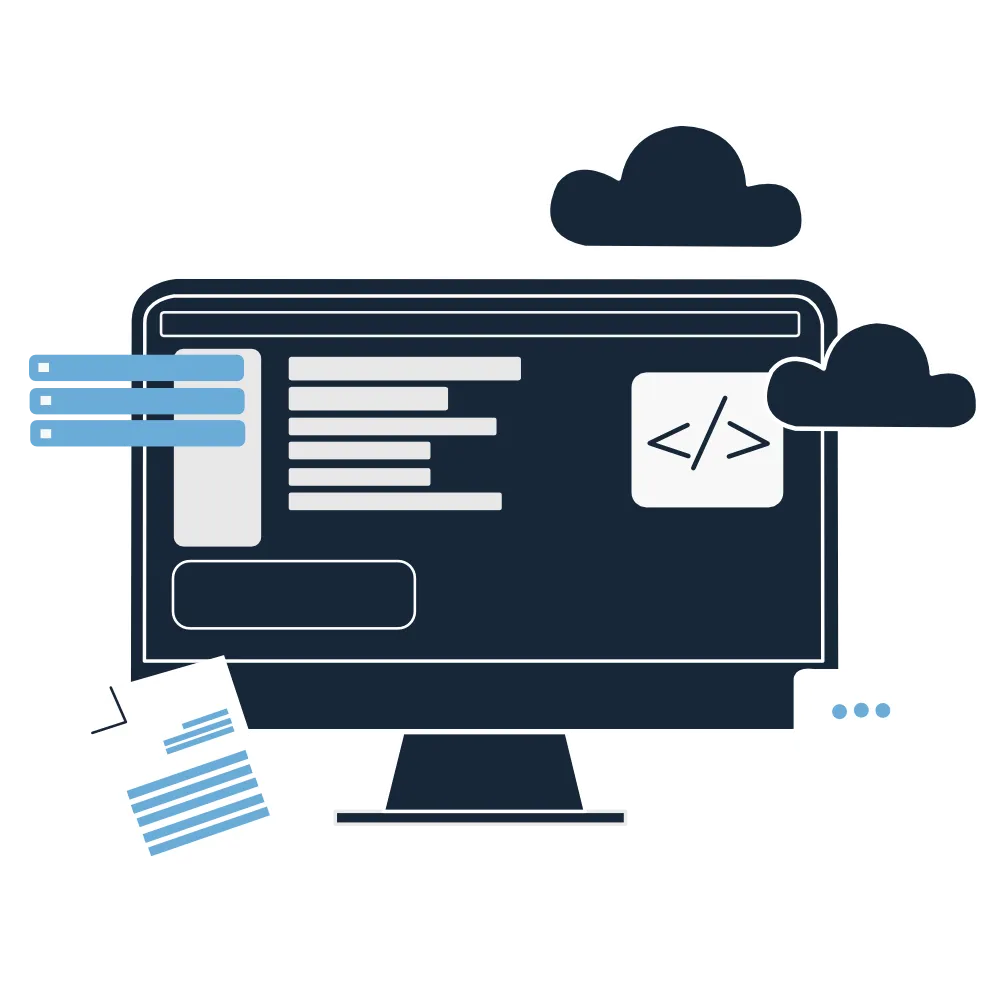 Flat illustration of a software development workspace — a monitor with a code editor, a cloud, and a floating document