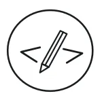 Code icon — angle brackets enclosing a pencil, in a line-art circle