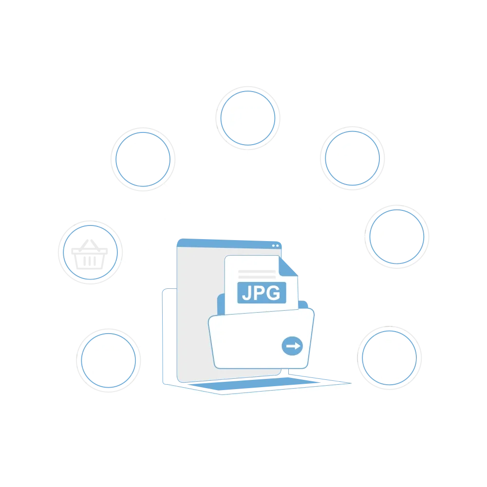 Flat illustration of a custom application surrounded by channel circles representing data and usage