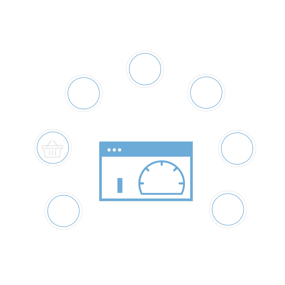 Flat illustration of a dashboard with a gauge centrepiece surrounded by channel icons feeding it