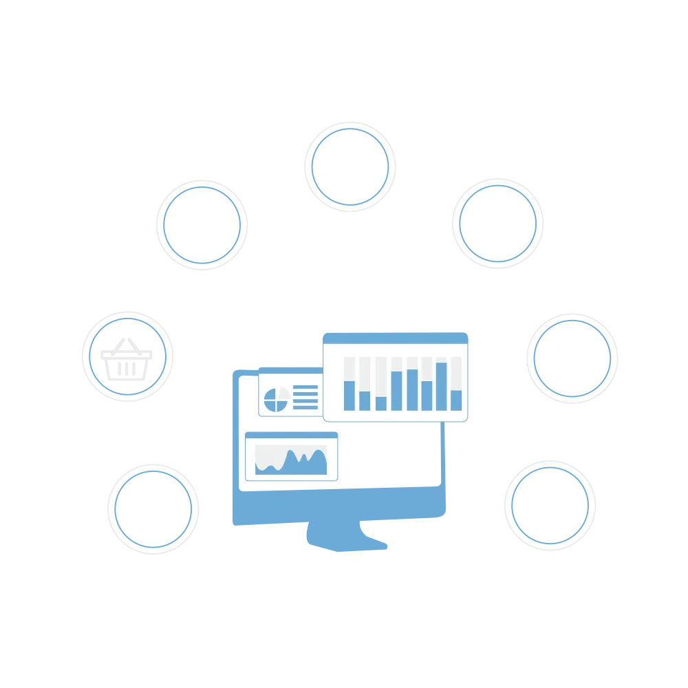 Flat illustration of a desktop monitor displaying multi-panel bar and line charts