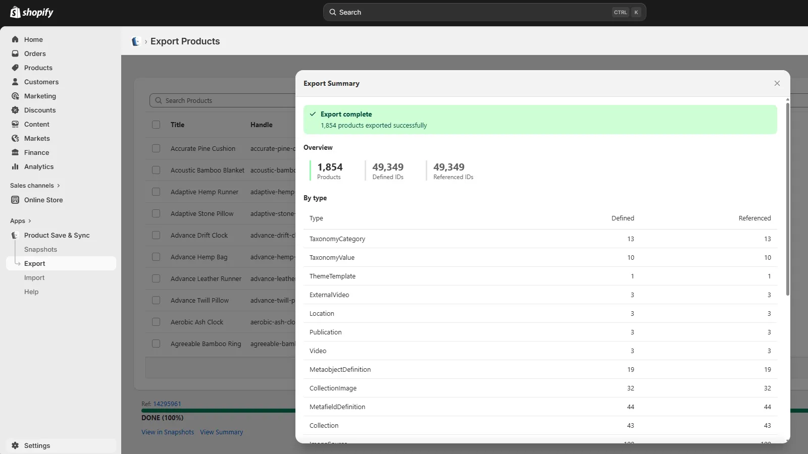 Product Save & Sync export summary: 1,854 products exported successfully, with a breakdown by type including MetaobjectDefinition, MetafieldDefinition, Collection, CollectionImage, Location, and others.