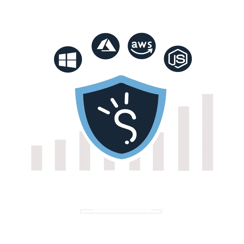Brand illustration of the Software Clever shield logomark surrounded by Windows, Azure, AWS and Node.js icons over a bar chart