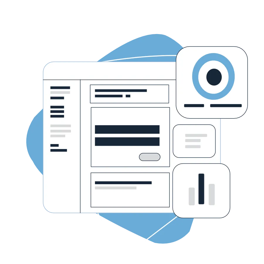 Illustration of a factory performance dashboard with OEE, downtime and production-line KPI panels
