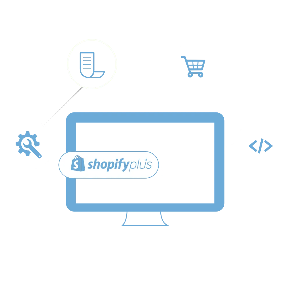 Flat illustration of a monitor displaying the Shopify Plus logo, surrounded by cart, code, gear and document icons